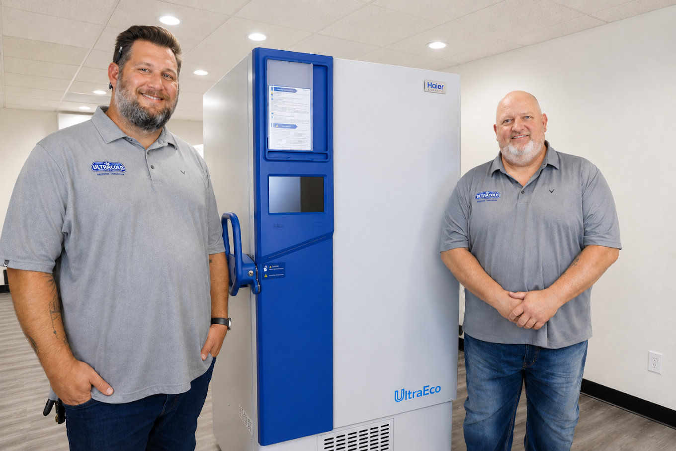 Ultracold team members with a Haier UltraEco freezer at the Anaheim facility
